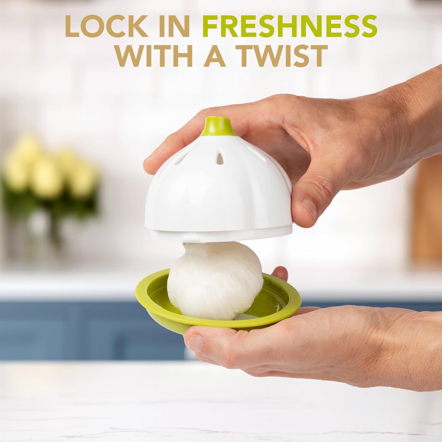 image:imageJoie Garlic Keeper Vented Pod Saver for Firm Fresh and Odorless Storage Holds Full Head or Leftover Cloves Twist to Lock Container Compact Design for Counter BPAFreeGarlic Plastic Pod