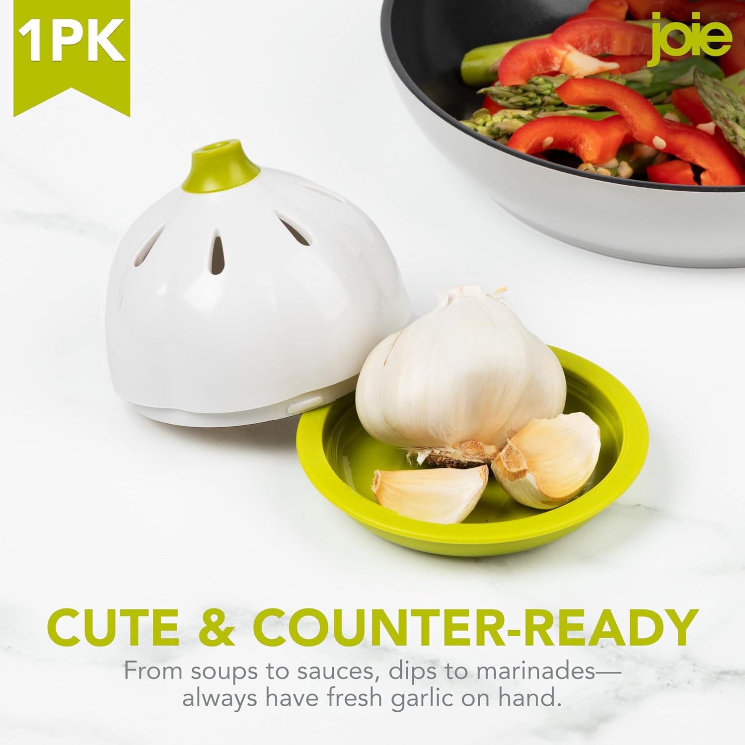 image:imageJoie Garlic Keeper Vented Pod Saver for Firm Fresh and Odorless Storage Holds Full Head or Leftover Cloves Twist to Lock Container Compact Design for Counter BPAFreeGarlic Plastic Pod