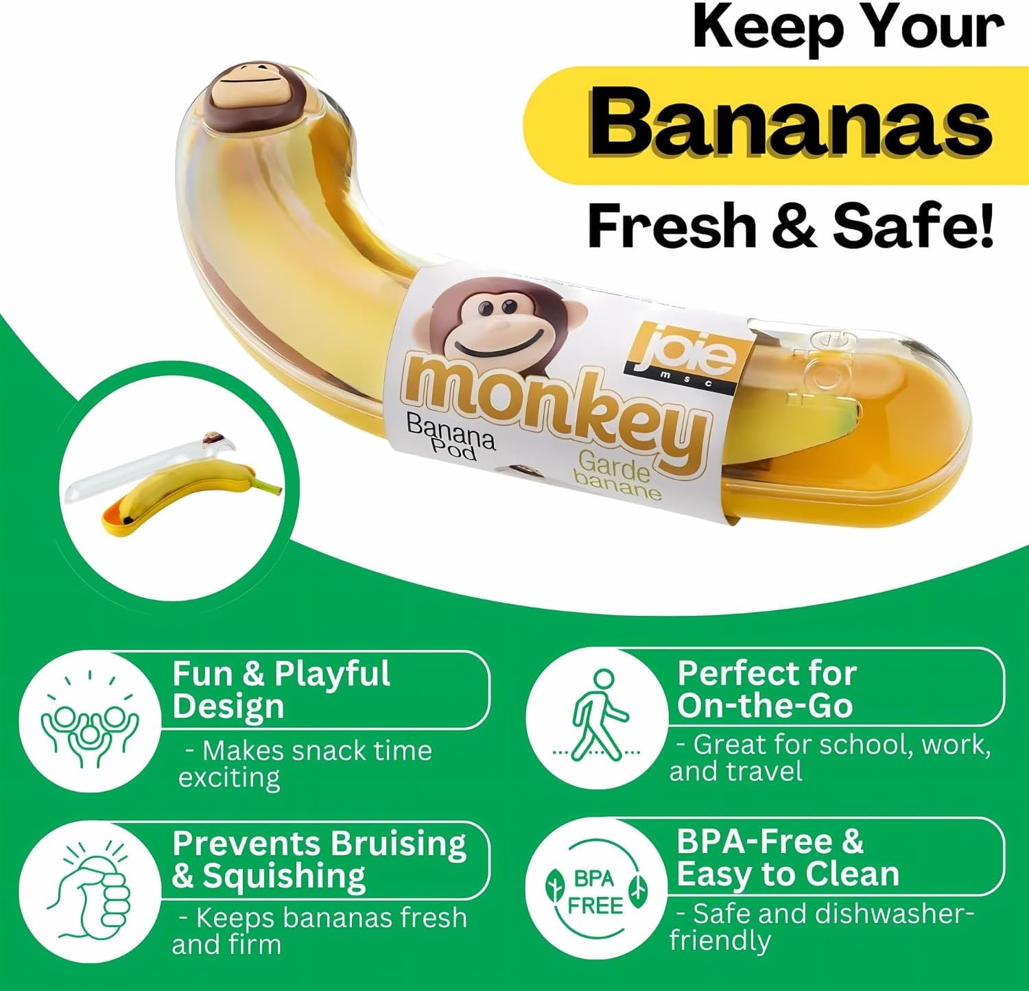 image:imageJoie Monkey Banana Pod Storage Container Durable Holder for Kids Lunch Boxes and Backpacks Keeps Food Fresh and Safe OntheGo Cute Kitchen Gadget BPA Free Dishwasher Safe