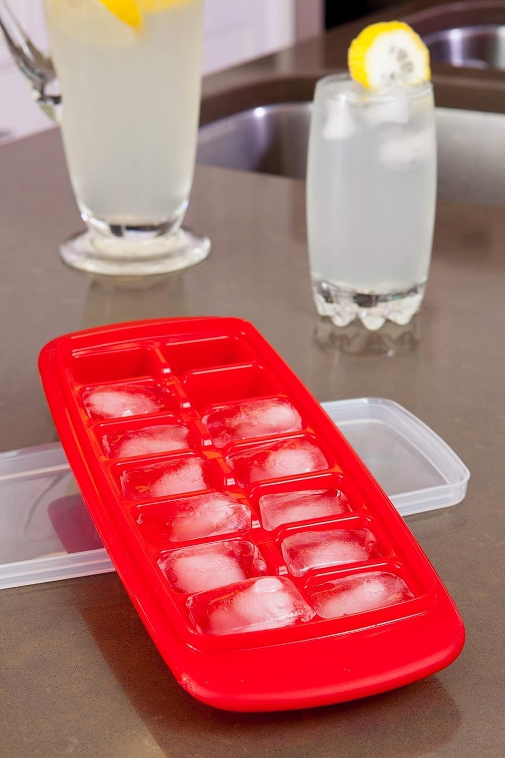 image:imageJoie Standard Ice Cube Tray Covered and Stackable NoSpill Removable Lid Pop Open Door for Easy Refills Keeps Ice Fresh Freezer Durable Dishwasher Safe Colors May VaryStandard