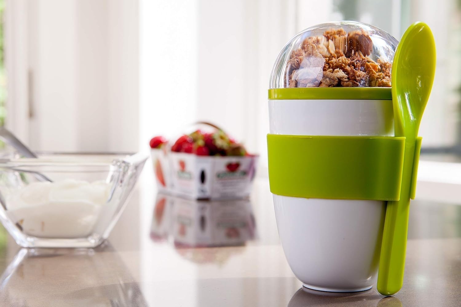 image:imageJoie Yogurt On The Go Portable Cup with SnapOn Spoon Reusable Container with Separate Compartment for Granola Durable and Leakproof BPAFree Great for Lunches or Backpacks Colors May Vary